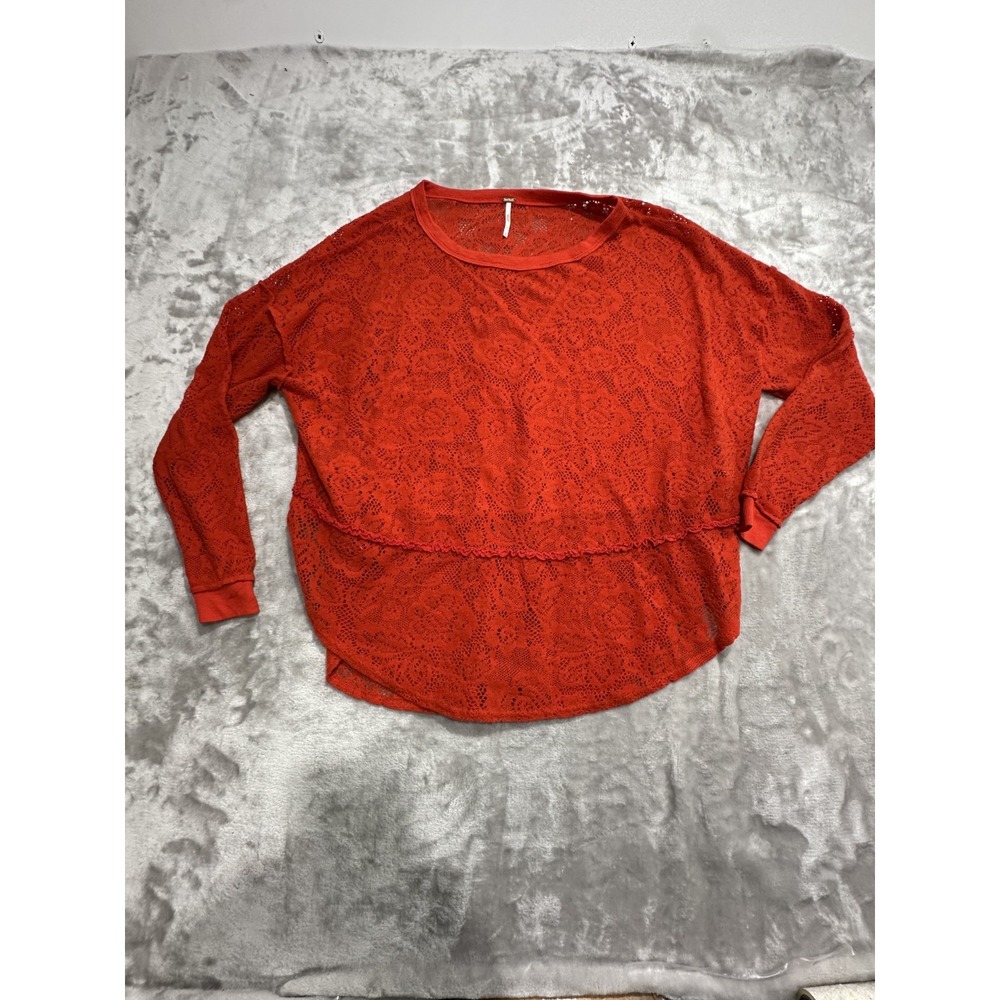 Free People Blouse Top Women's Size Small Petit Red Lace Long Sleeve EUC